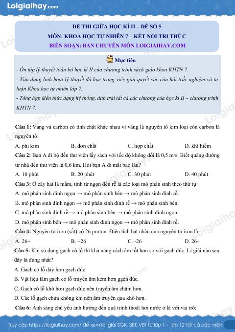Đề thi giữa kì 2 KHTN 7 Kết nối tri thức - Đề số 5